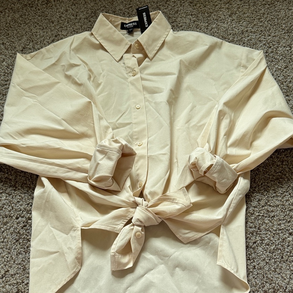 Express Light Tan Casual Button-Down Shirt Boyfriend style